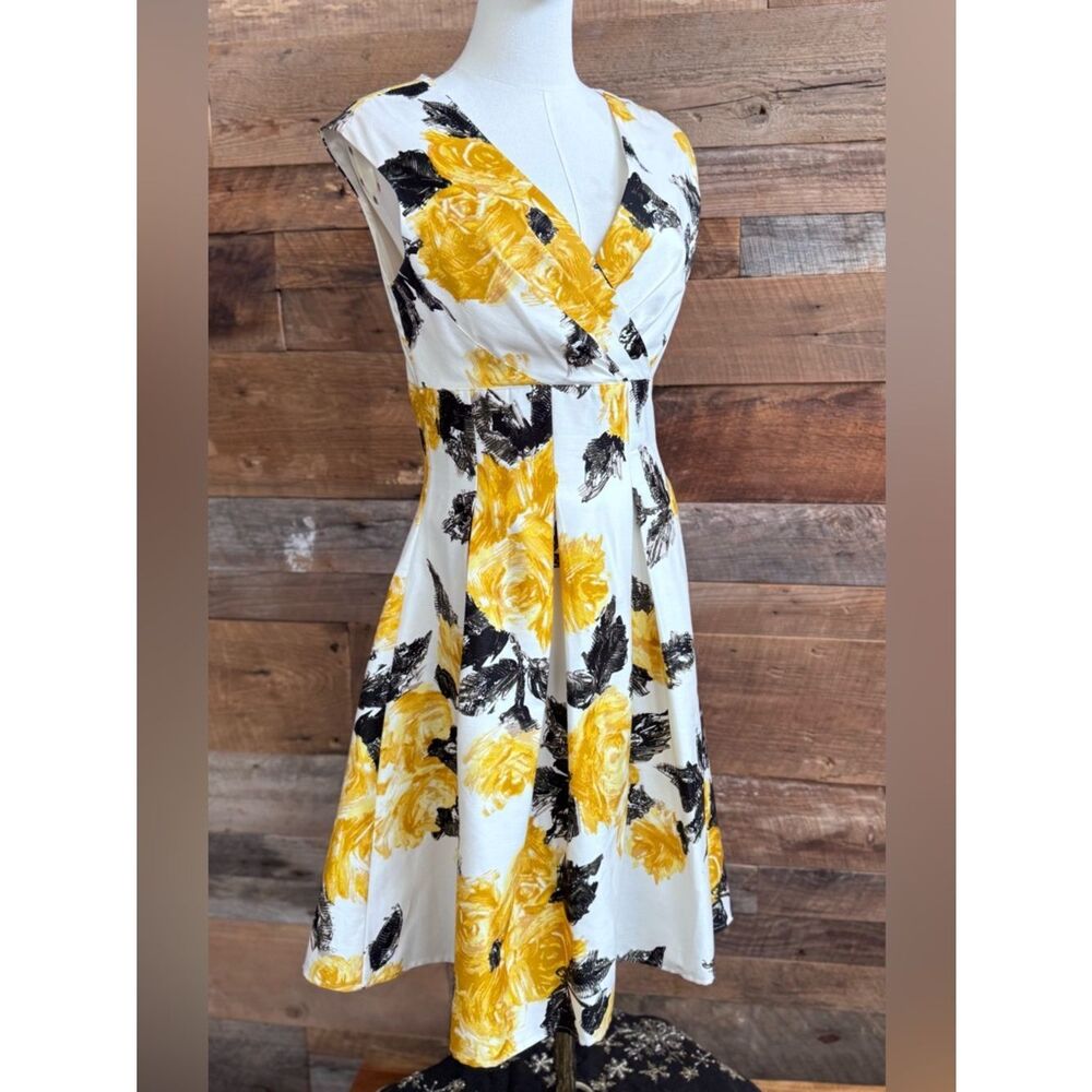 Pinup Couture Vintage Inspired Yellow Rose High-Low Floral Dress Size Medium EUC